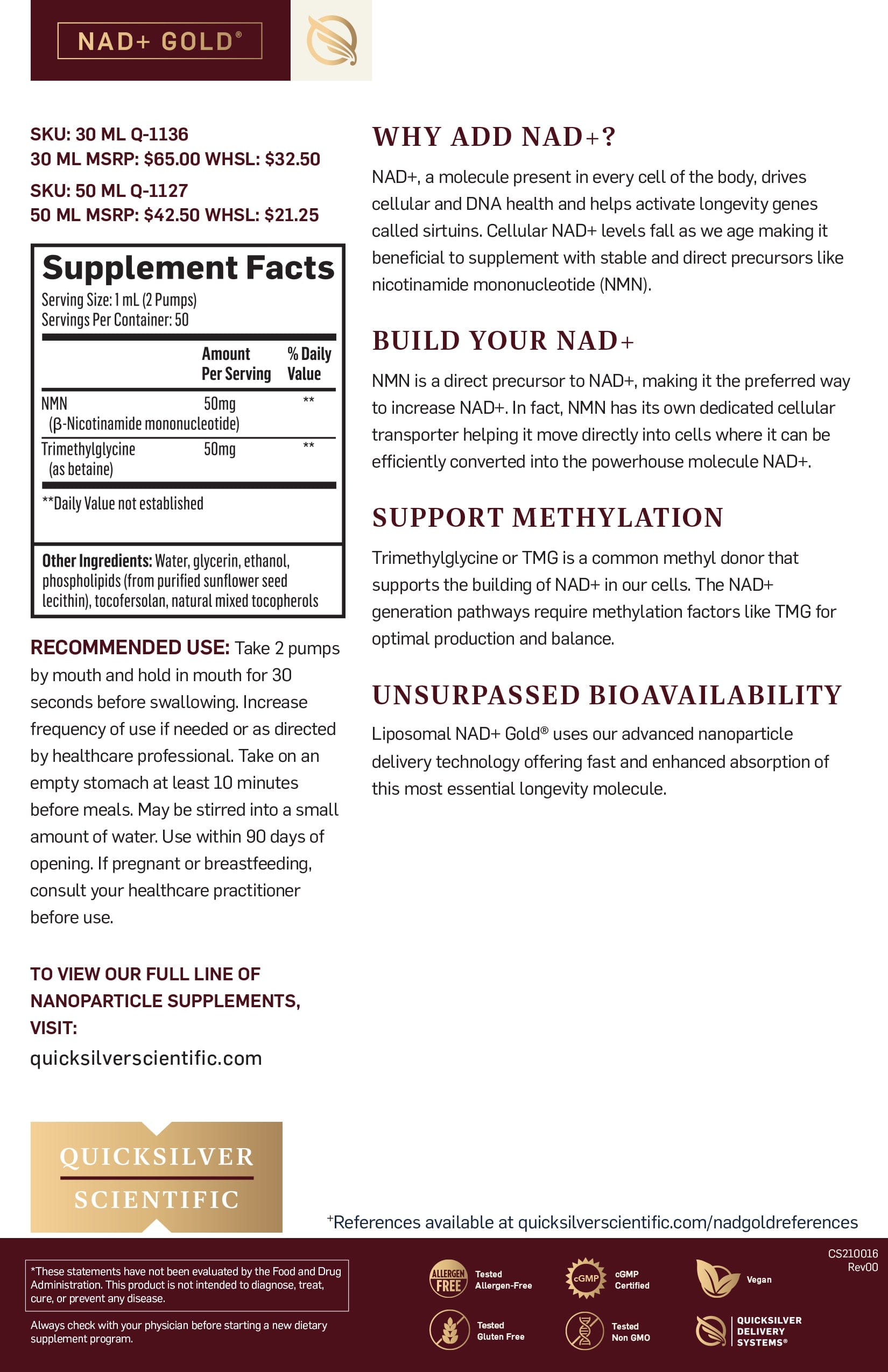 Quicksilver Scientific Liposomal NAD+ Gold