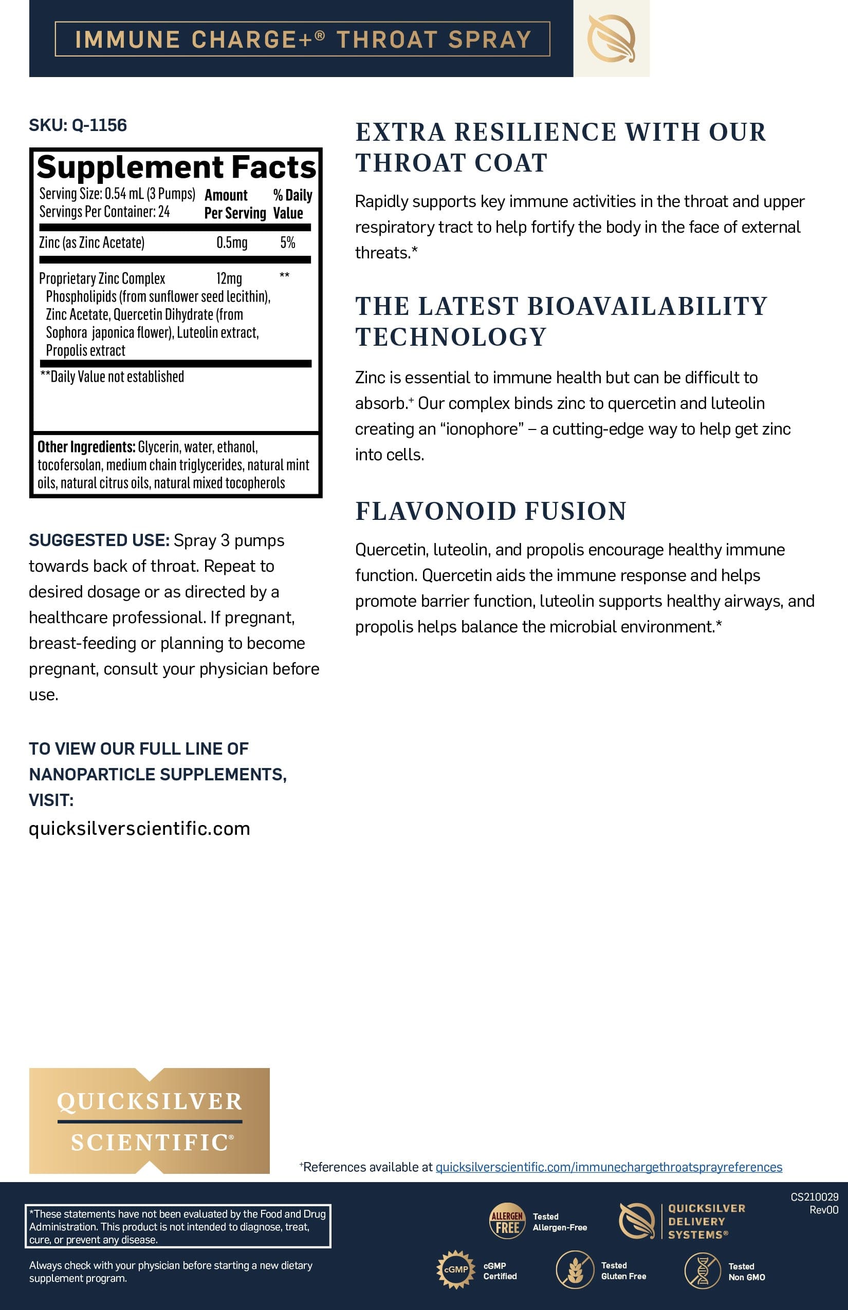 Quicksilver Scientific hk Immune charge throat spray fact sheet