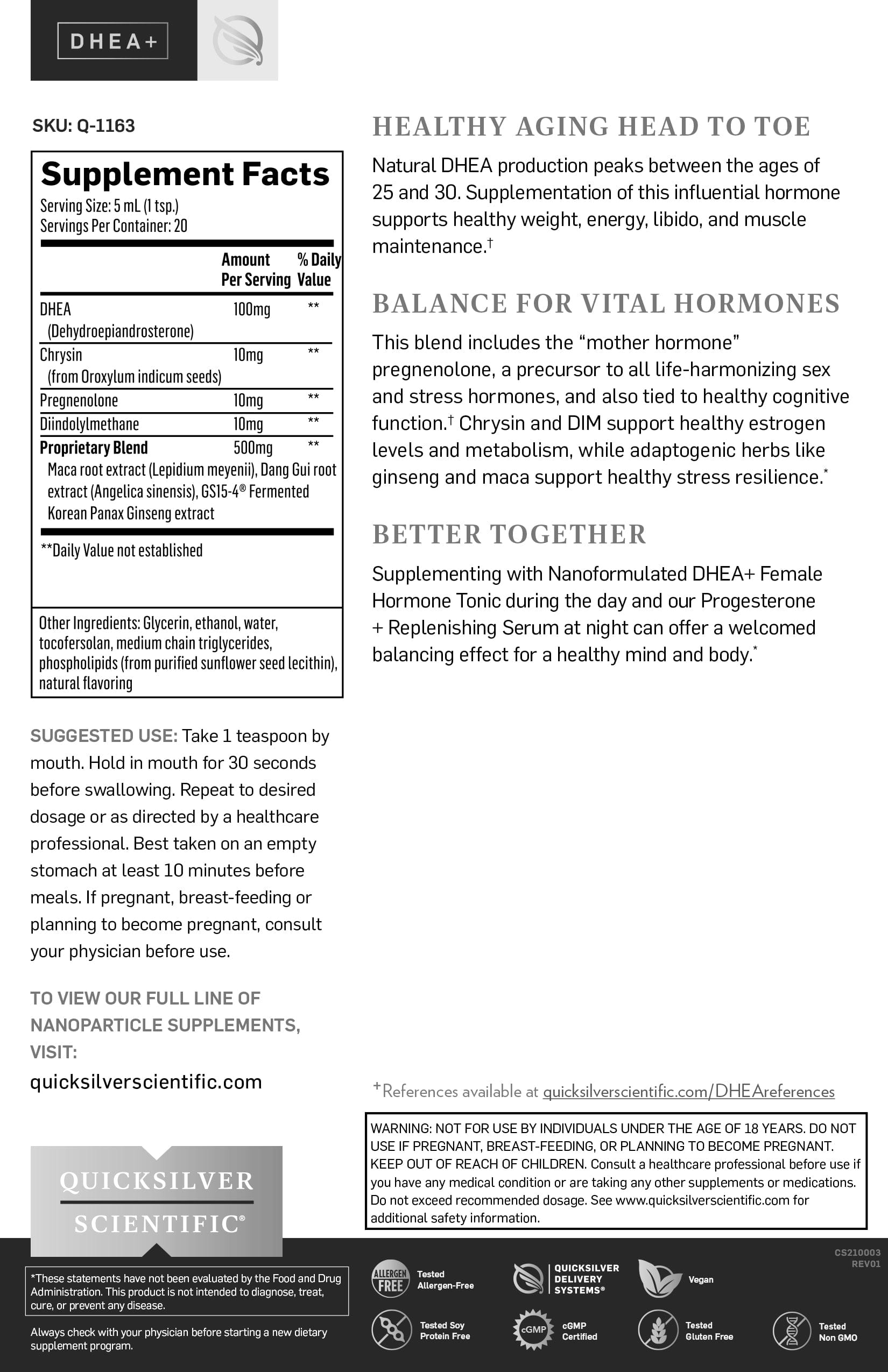 Quicksilver Scientific DHEA+ fact sheet