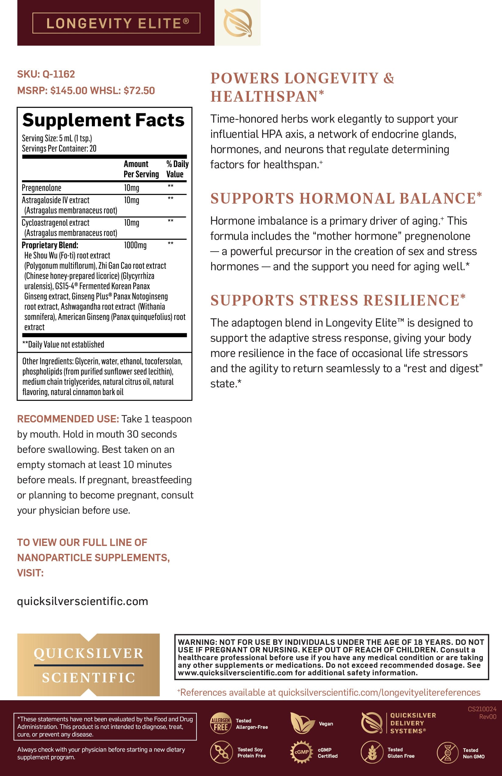 Quicksilver Scientific Longevity Elite fact sheet