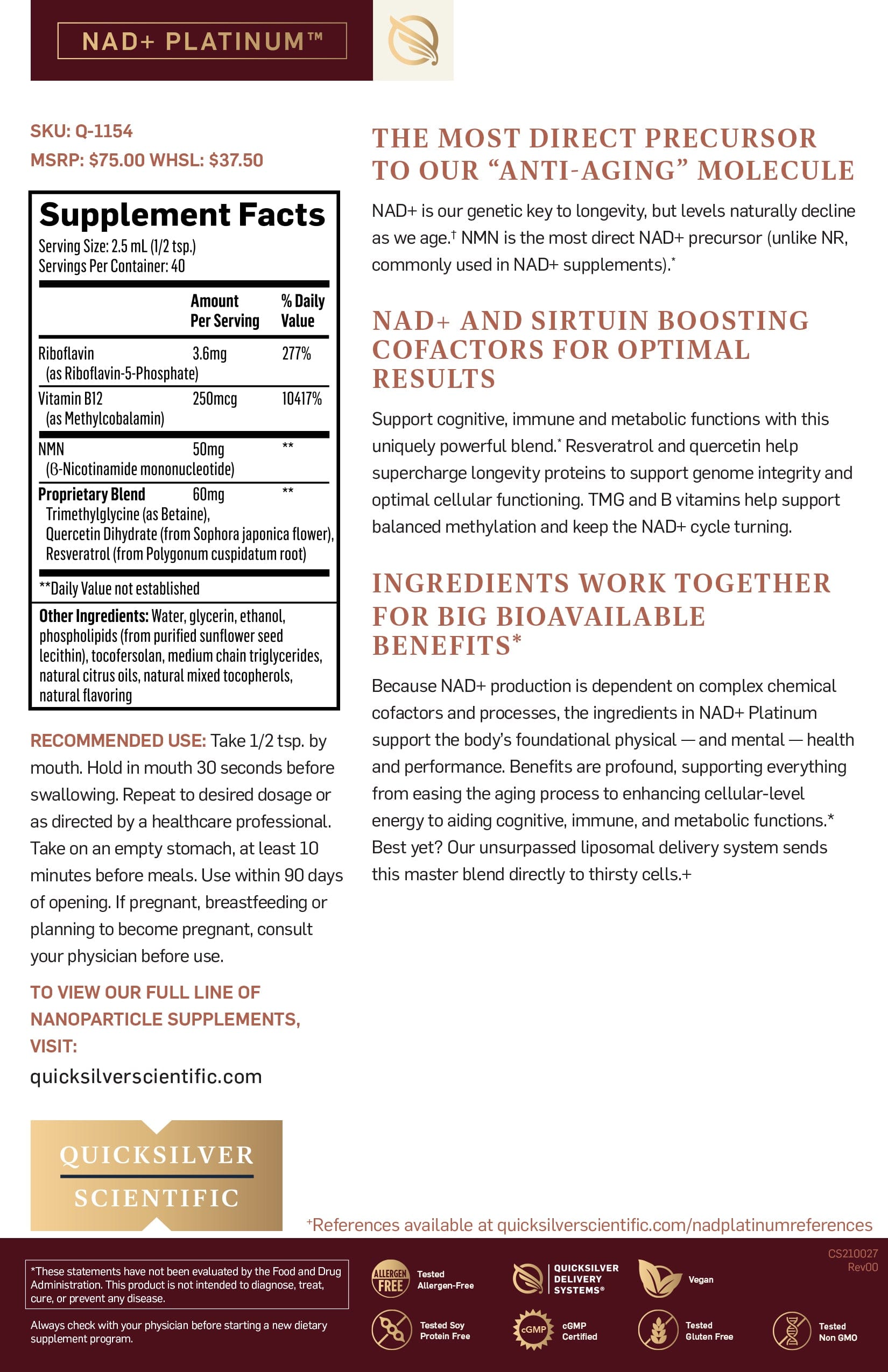 Quicksilver Scientific NAD+ Platinum® HK