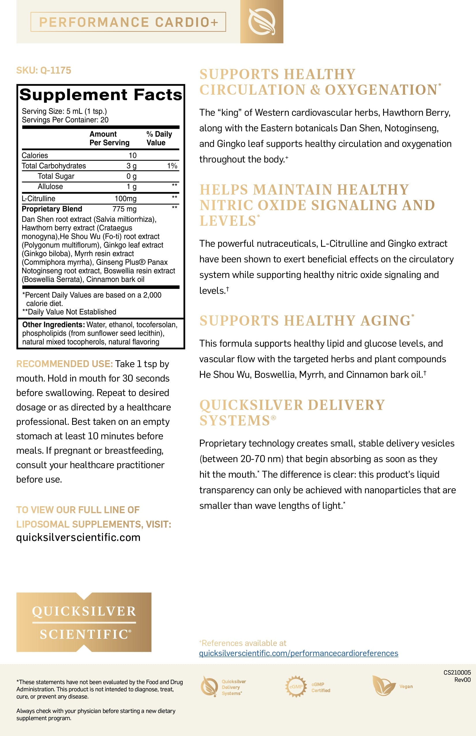 Performance Cardio+ Quicksilver Scientific fact sheet