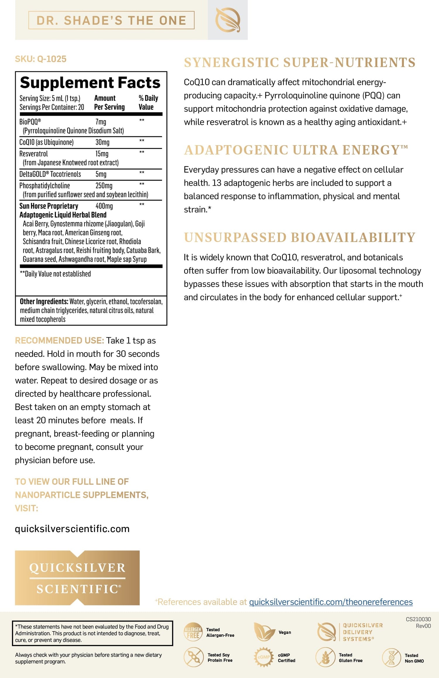 QS Liposomal Energy Supplement Fact Sheet